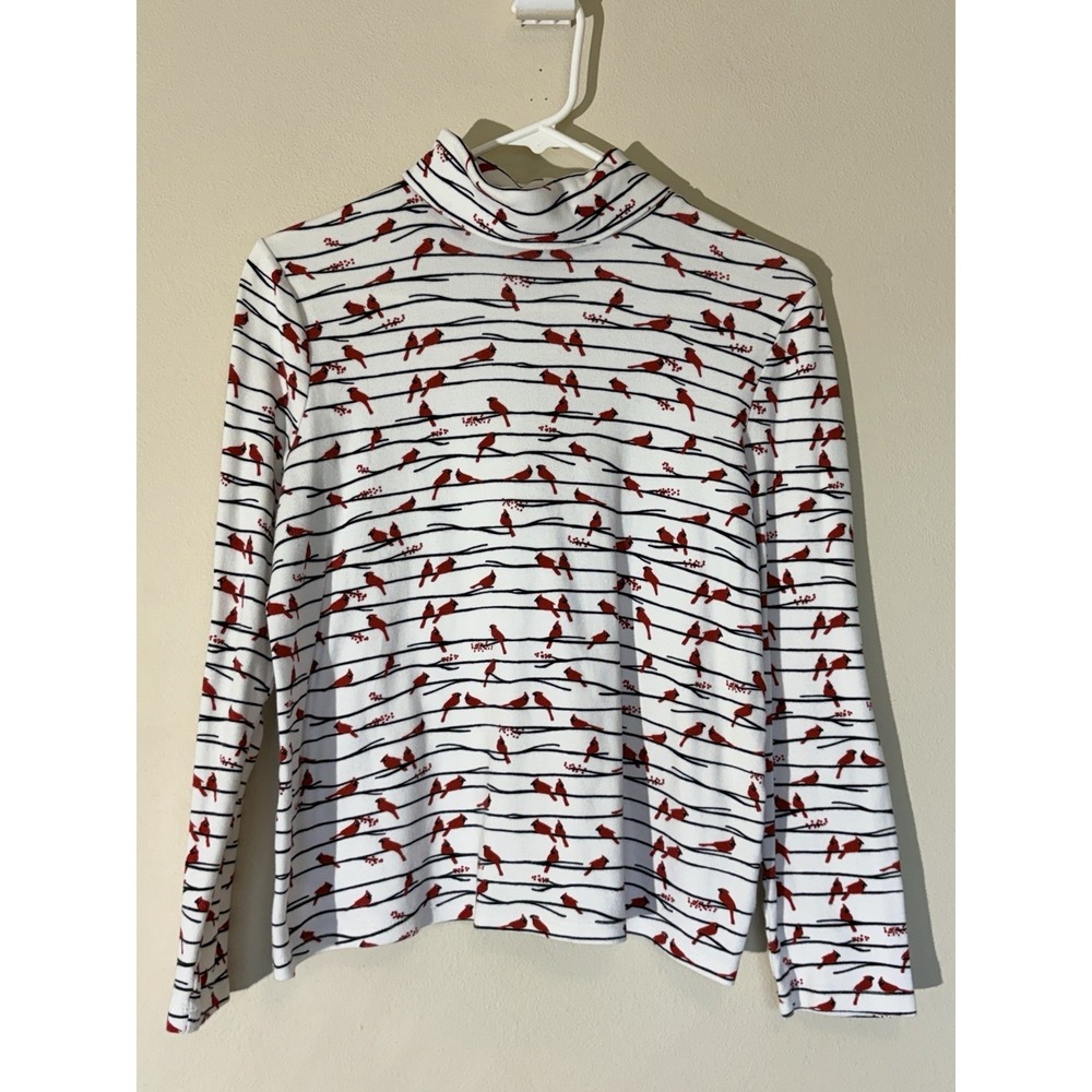 Charter Club Pima Cotton White Winter Cardinal Bird Turtleneck Shirt Top Medium